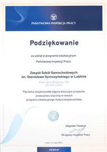 Podziękowanie dla ZSS za udział w programie PIP "Kultura Bezpieczeństwa" edycja 2025/2026