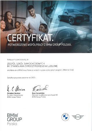 certyfikat o współpracy z BMW Group Polska