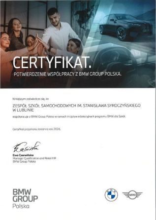 certyfikat współpracy ZSS z BMW Group Polska za 2026 rok