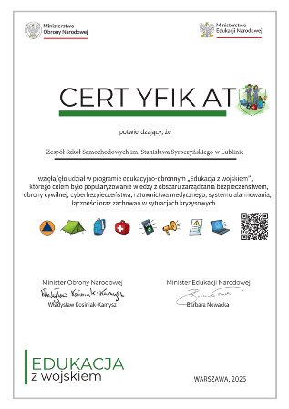 Certyfikat dla ZSS - Edukacja z Wojskiem