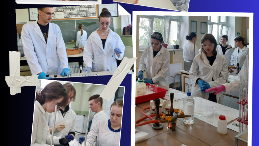 Zdjęcie przedstawia pracownię chemiczną, w której uczniowie wykonują czynności laboratoryjne.