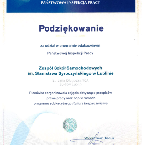 podziękowanie dla ZSS za udział w programie wdukacyjnym PIP "Kultura bezpieczeństwa"