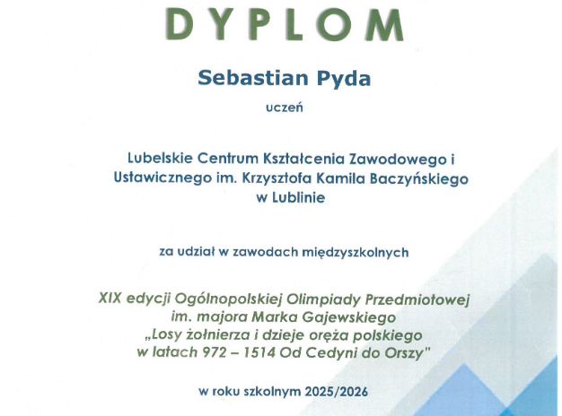 Dyplom za udział w etapie międzyszkolnym Olimpiady historycznej.