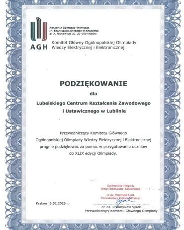 Podziękowanie dla LCKZiU za przygotowanie do Olimpiady_2026