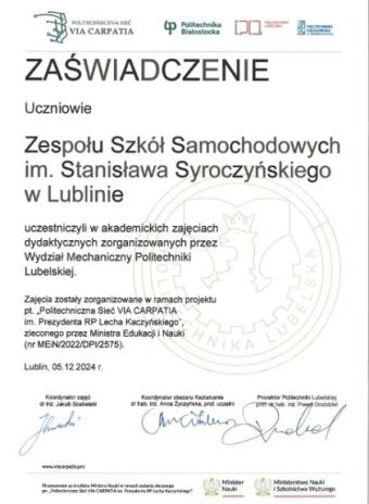zaświadczenie dla ZSS udziału w projekcie „Politechniczna Sieć VIA CARPATIA im. Prezydenta RP Lecha Kaczyńskiego”
